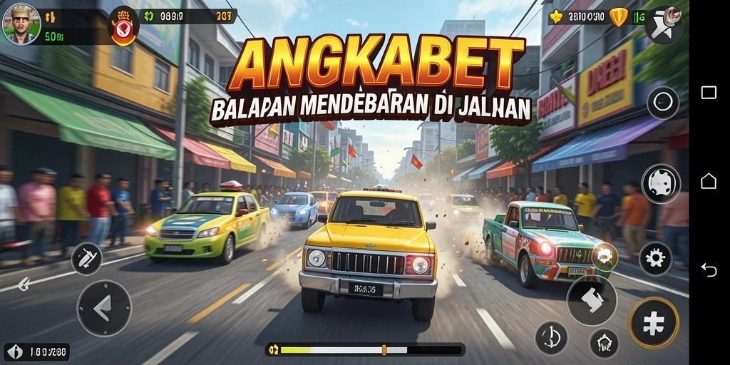 Screenshot gameplay ANGKABET dengan mobil balap yang cepat dan trek menantang.