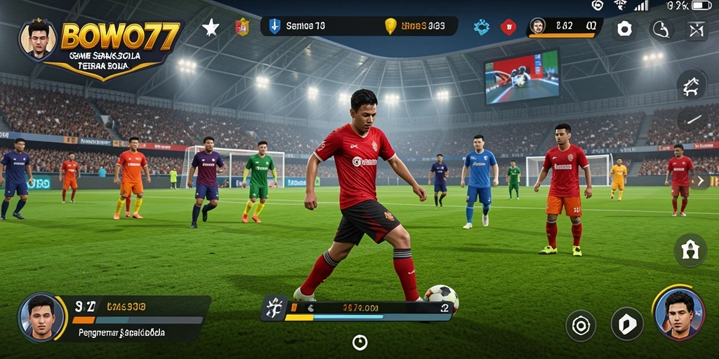 Tampilan gameplay BOWO77 yang mendebarkan di lapangan sepak bola.
