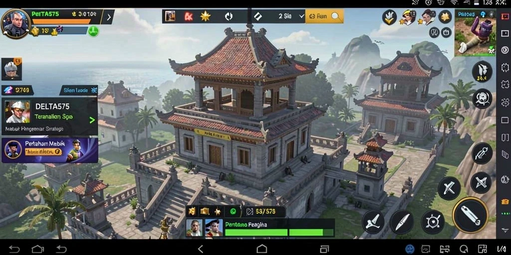 Tampilan gameplay DELTA575 dengan menara bertahan dari serangan musuh.