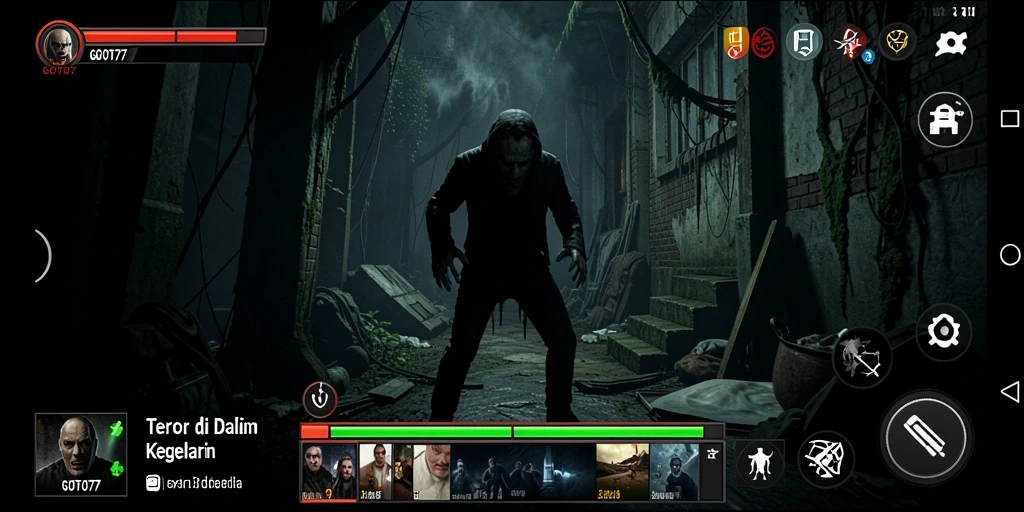 Screenshot dari gameplay GOTO77 menampilkan suasana menyeramkan yang mencekam.