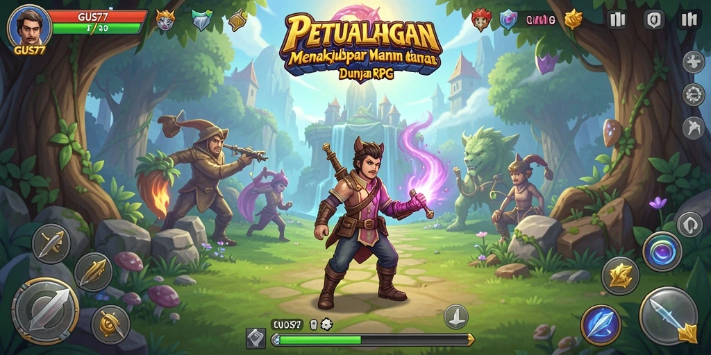 Screenshot gameplay GUS77 menampilkan karakter dalam pertempuran RPG yang seru.