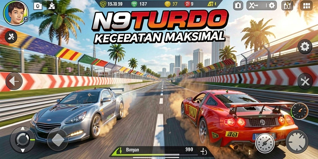 Gameplay seru N9TURBO dengan lintasan balap yang menantang.