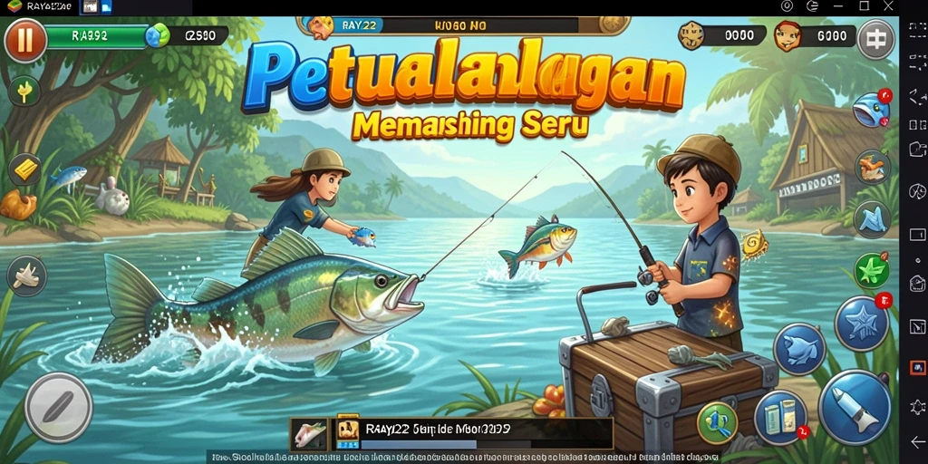 Screenshot utama RAYA22 menampilkan aksi seru memancing di laut.